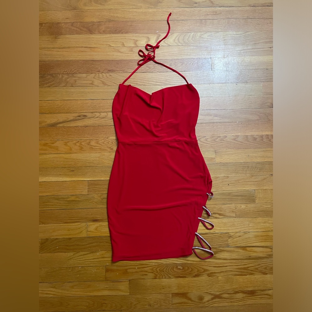 Fashion Nova Red Ruched Tie Front Bodycon Dress